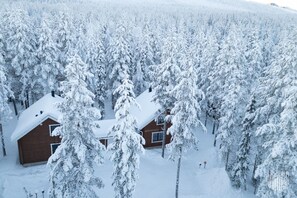 Eine Hütte, umgeben von schneebedeckten Bäumen.