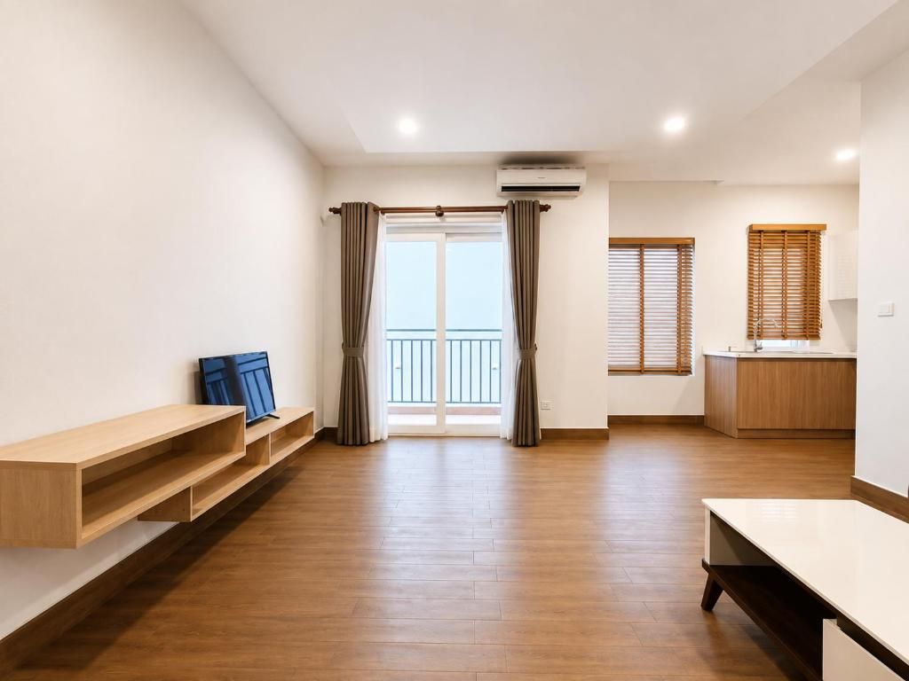 Ein geräumiges Zimmer mit Holzboden, einer Schiebetür, die auf einen Balkon führt, und einer Küchenzeile.