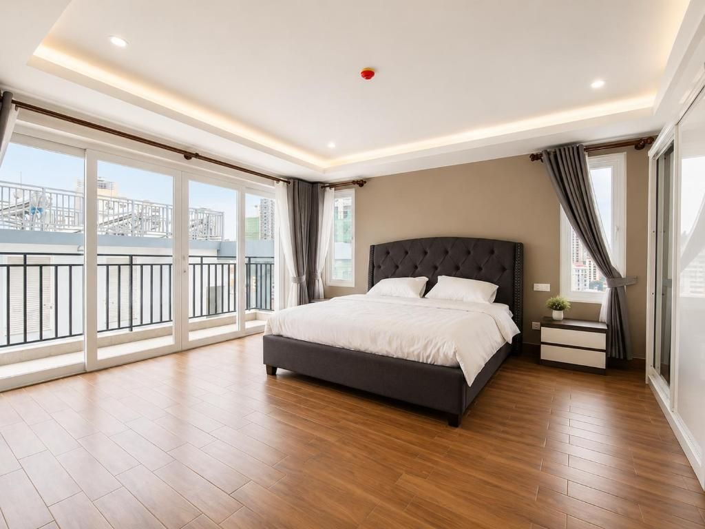 Une chambre moderne avec un grand lit, une table de chevet, une fenêtre avec des rideaux et une vue sur un bâtiment à l’extérieur.
