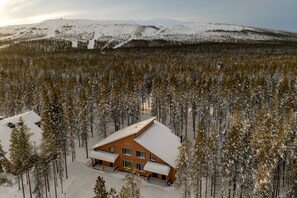 A modern cabin with a sloped roof, surrounded by a dense forest and snow-covered hills. - Villa SnowLife A by Holiday in Lapland (Levi)