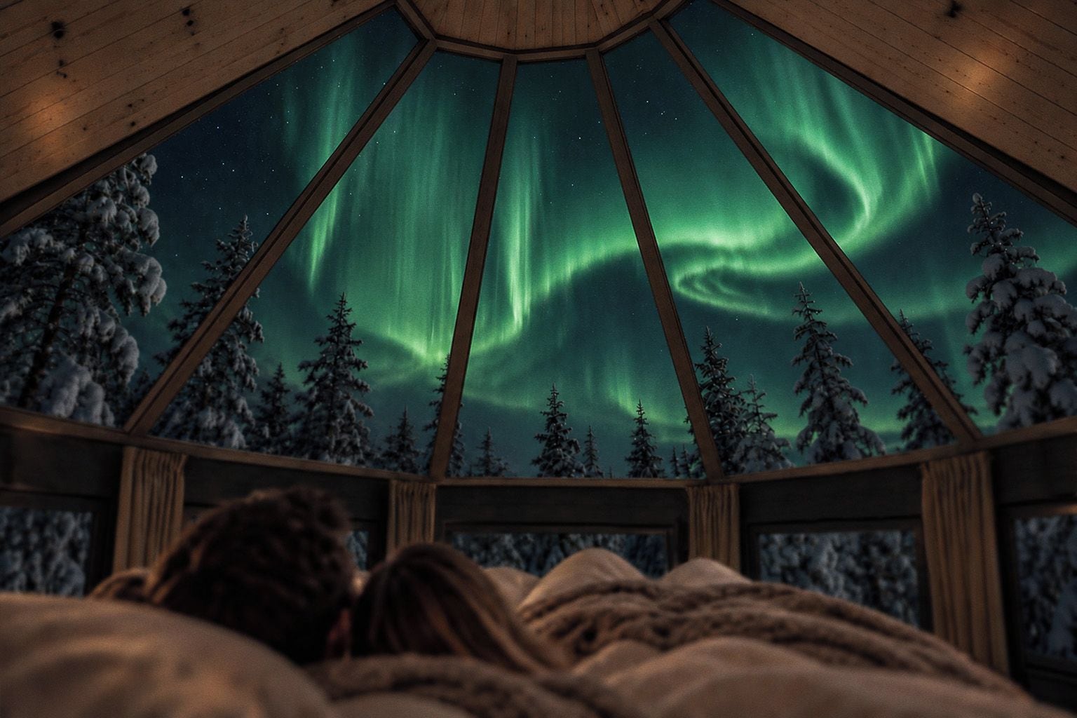 A room with a view of the Northern Lights through a wooden structure with multiple windows.