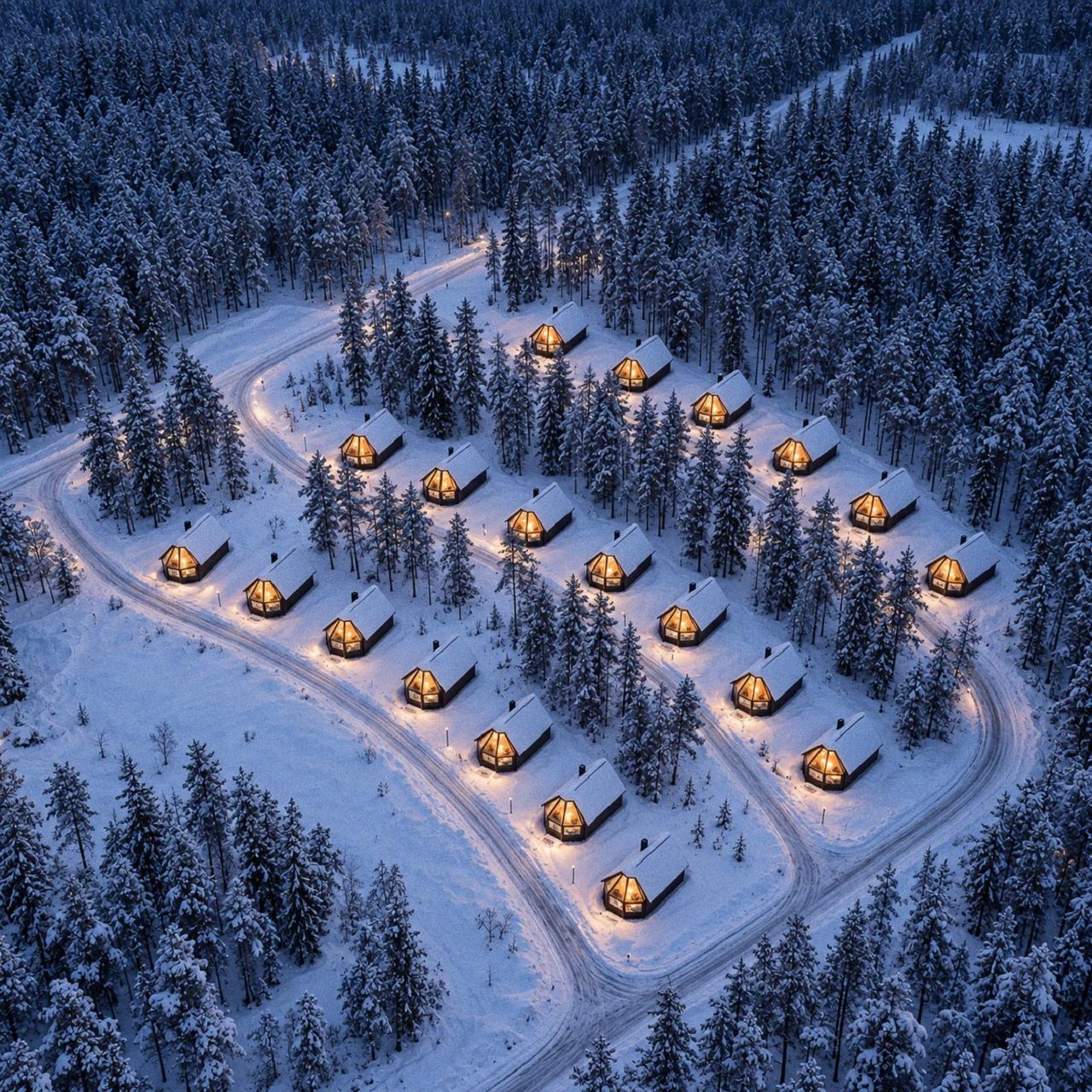 A snow-covered landscape with multiple cabins arranged in a circular pattern, connected by winding paths.
