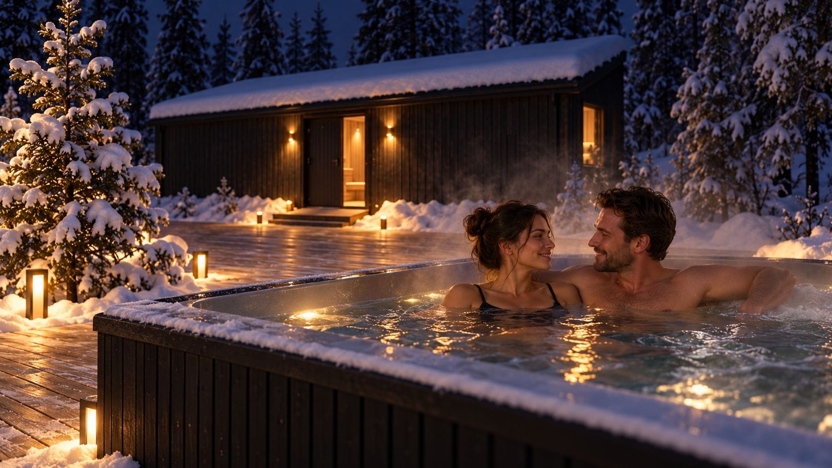 A couple in a hot tub with a wooden deck and a cabin in the background.