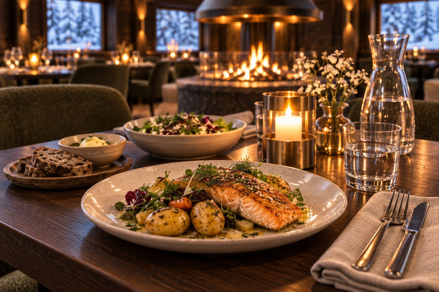 A dining table set with a plate of salmon, potatoes, and greens, a bowl of salad, and a glass of water.