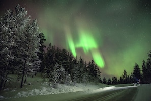 Et snøklædt landskab med en vej og træer under en nattehimmel med grøn nordlys.