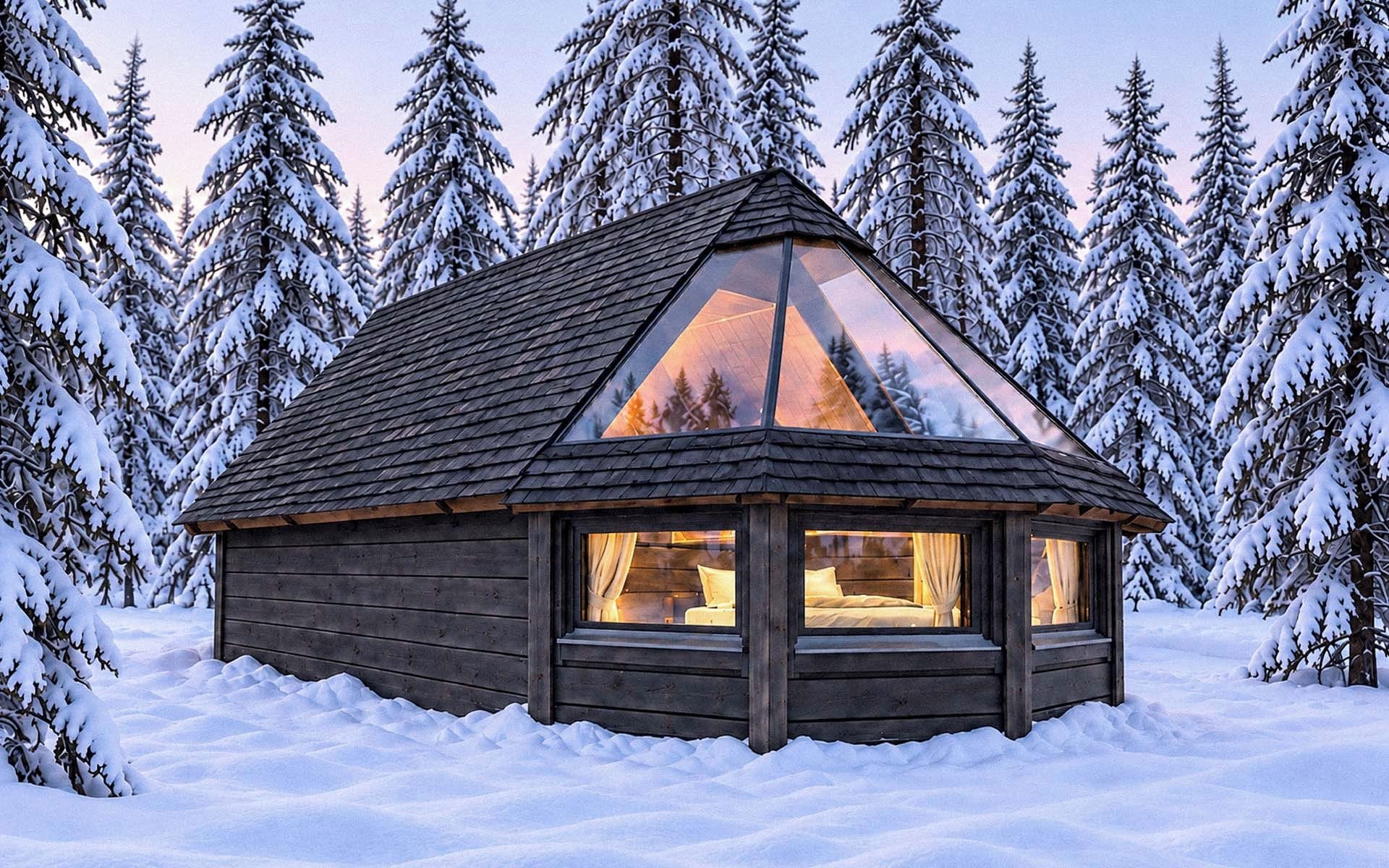 A cabin with a triangular roof, wooden walls, and a glass window.