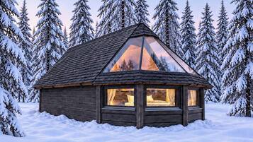 A cabin with a triangular roof, wooden walls, and a glass window.