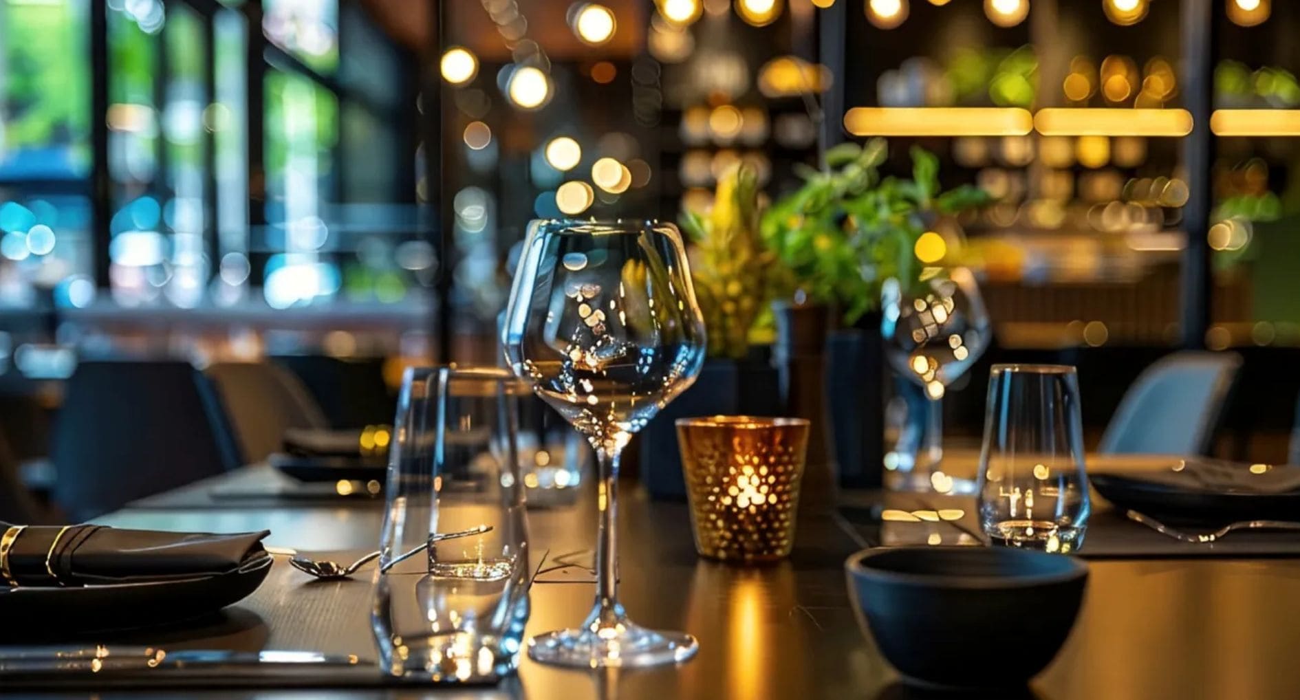 A restaurant setting with a table set for dining, including wine glasses, a bowl, and cutlery.