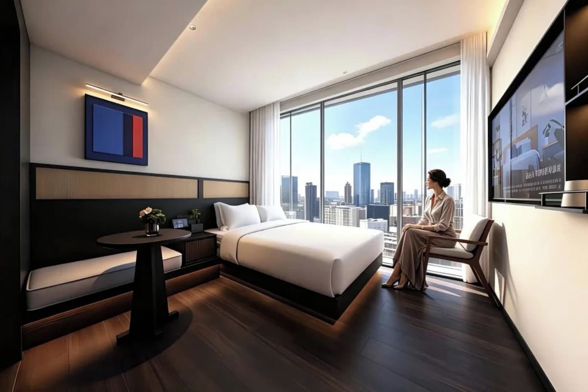 A modern hotel room with a large bed, a seating area, a small table, and a city view.