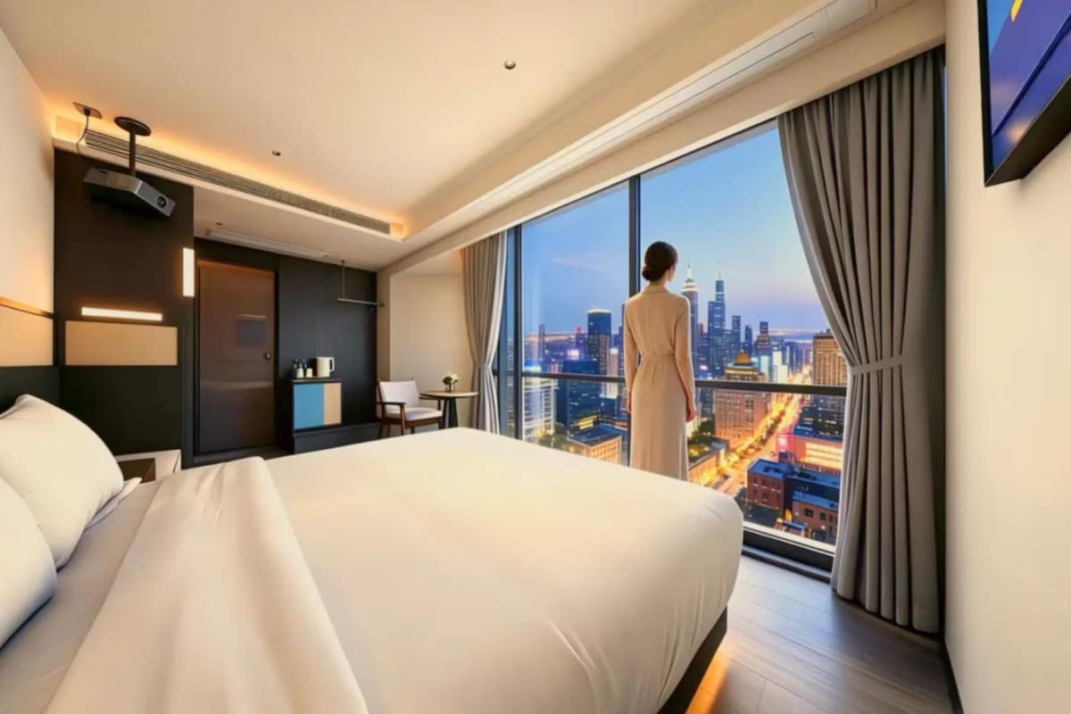 A hotel room with a large bed, a desk, a chair, a small table with a vase, and a view of a cityscape through a large window.