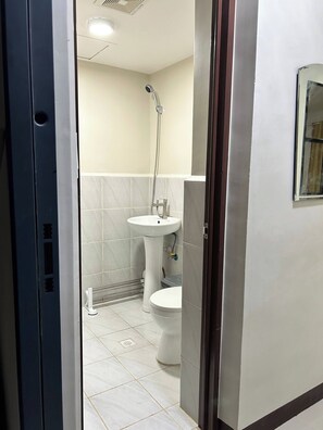 Een badkamer met toilet, wastafel en douche.