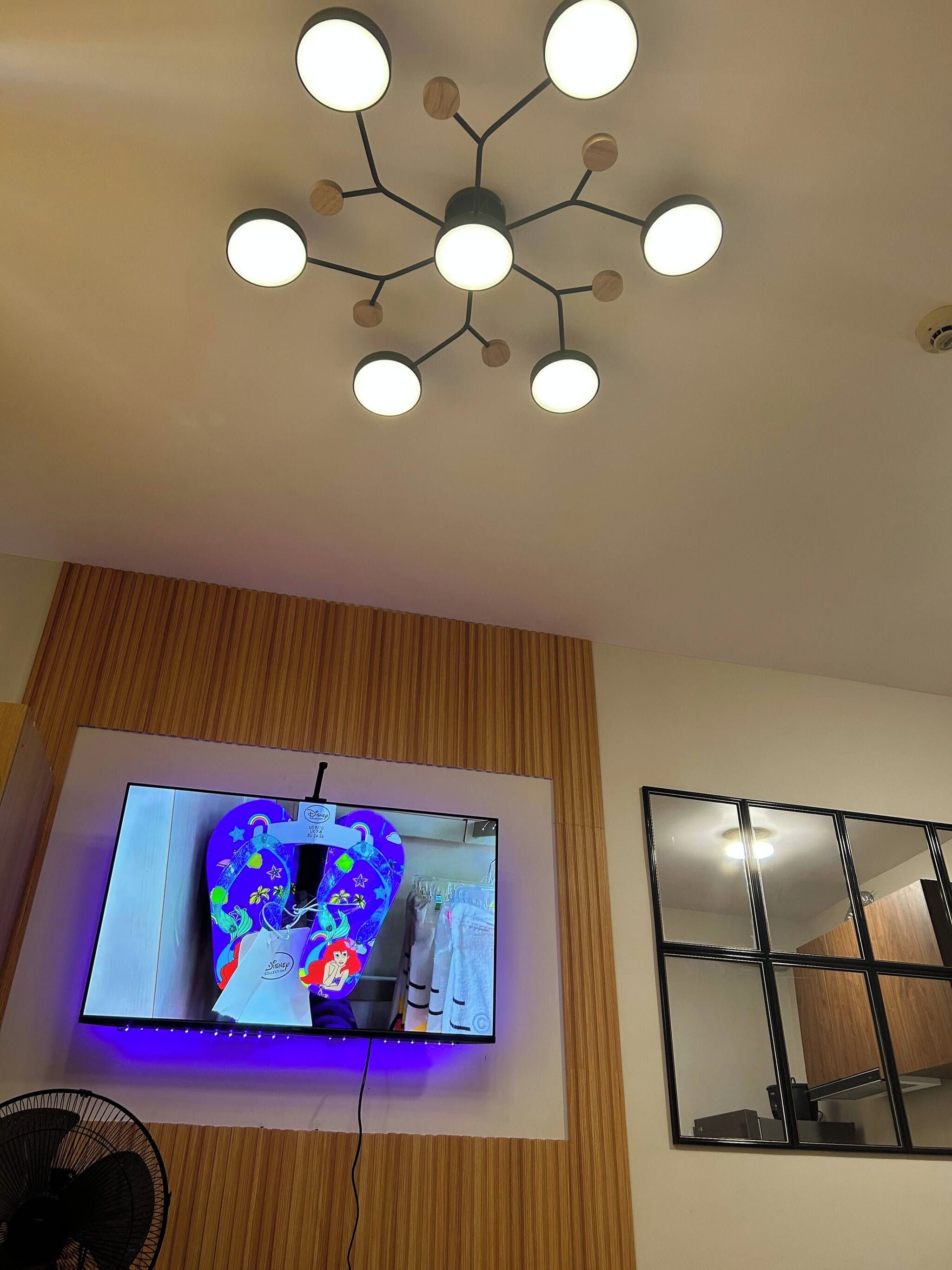 Une pièce dotée d’un luminaire au plafond, d’un téléviseur à écran plat fixé sur un panneau en bois et d’un miroir avec un cadre noir.