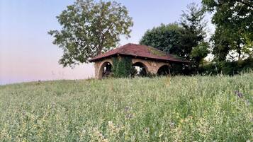 A rustic stone structure with a red roof, surrounded by a field of wildflowers and trees.