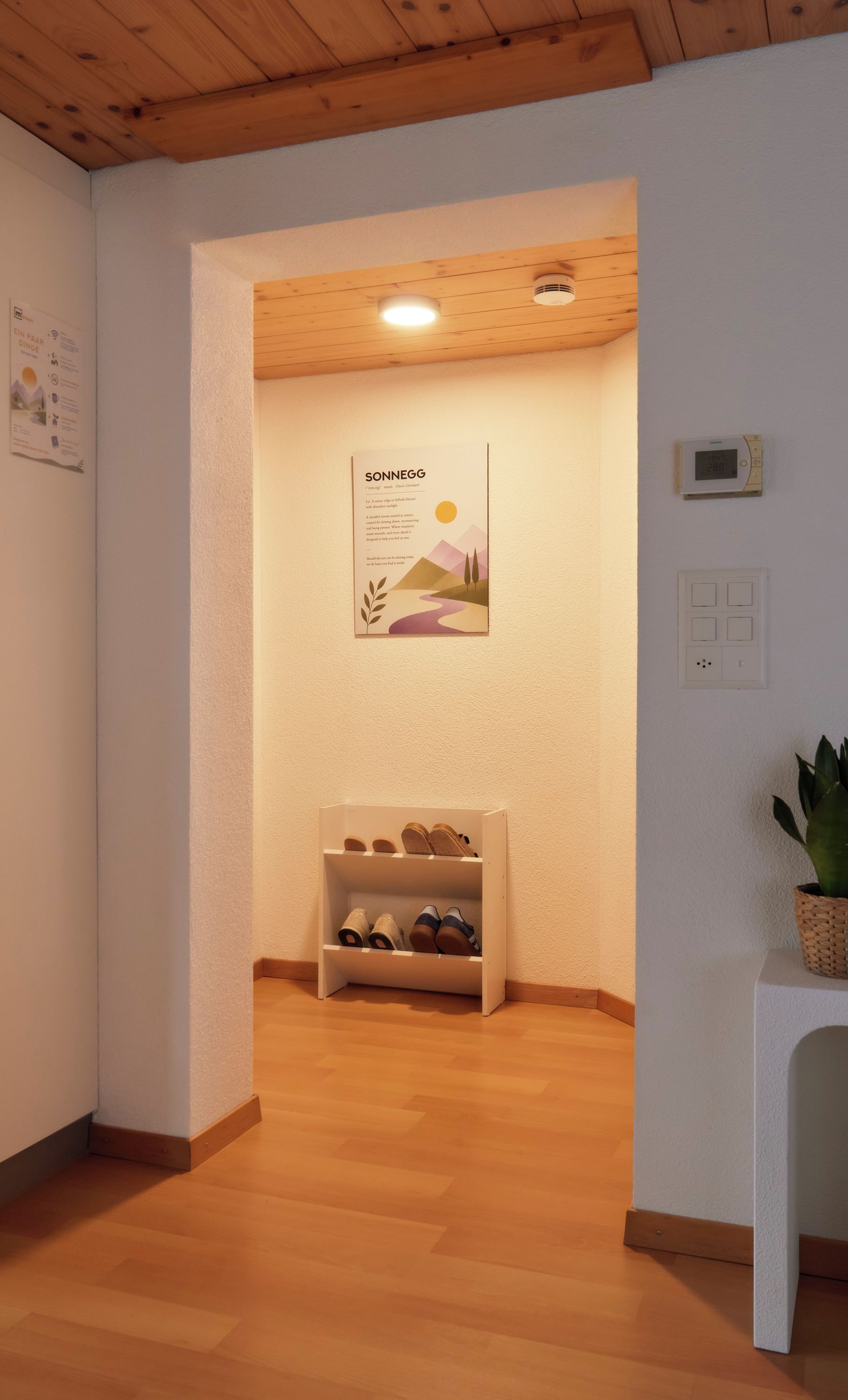 Ein Flur mit Holzboden, einem Schuhregal, einem Poster und einem Thermostat an der Wand.