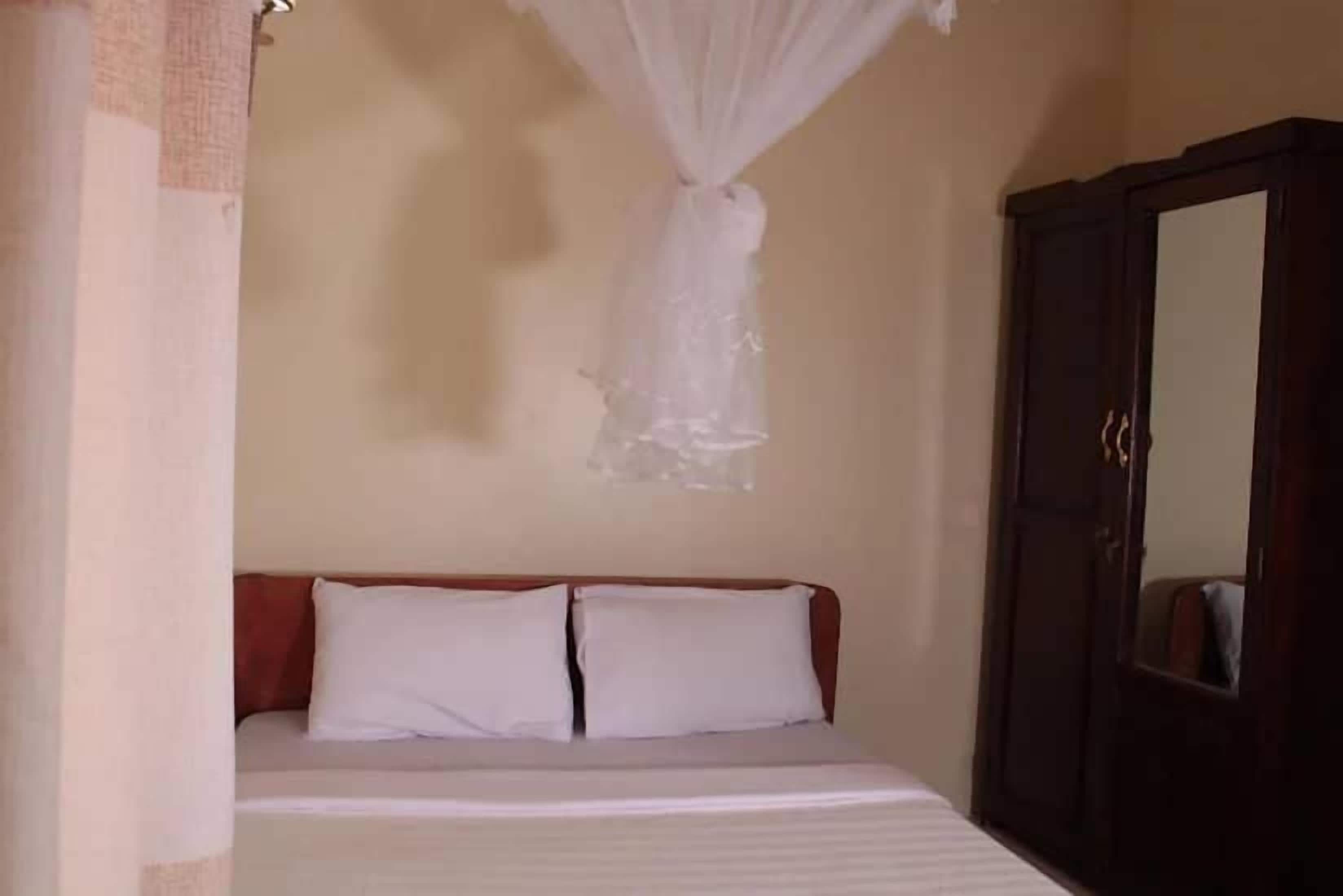 Un dormitorio con cama, armario y dosel colgante.