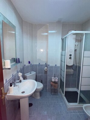 Une salle de bain équipée d’un lavabo, de toilettes et d’un espace douche.