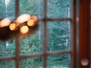 Une fenêtre donnant sur une forêt, la vue étant encadrée par un motif en réseau.