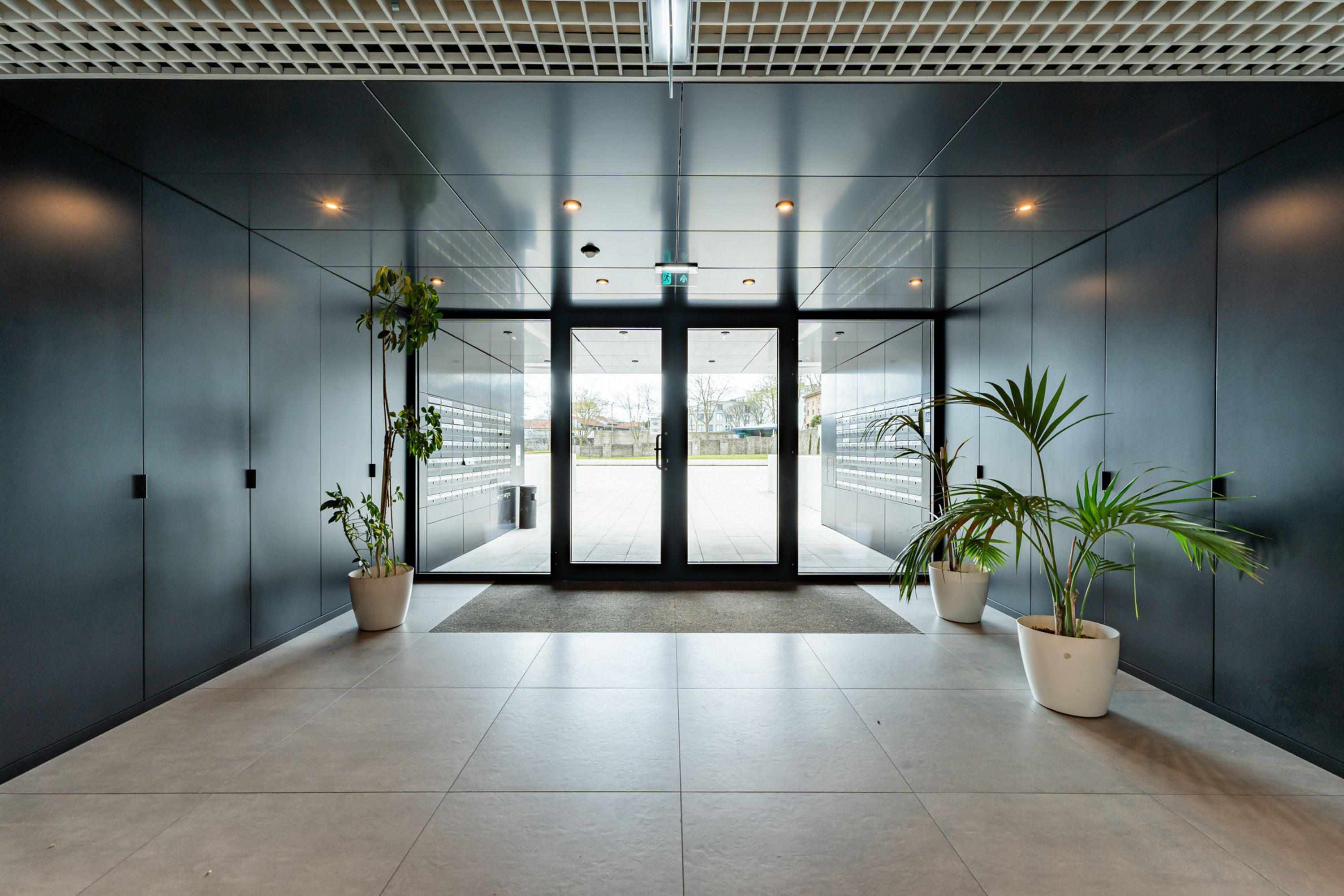 Una entrada moderna de edificio con puerta de vidrio, plantas en macetas y piso de baldosas.
