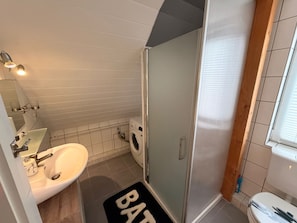 Une salle de bain équipée d’un lavabo, d’un miroir, d’une douche et de toilettes.