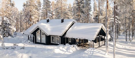 A cabin with a sloped roof, surrounded by snow-covered trees.