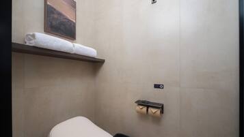 A bathroom with a toilet, a towel rack with a towel, a toilet paper holder, and a wall-mounted light fixture.