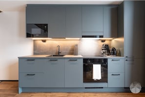 A modern kitchen with grey cabinets, a built-in oven, and a coffee maker. - Metsonlinna 205 by Holiday in Lapland (Levi)