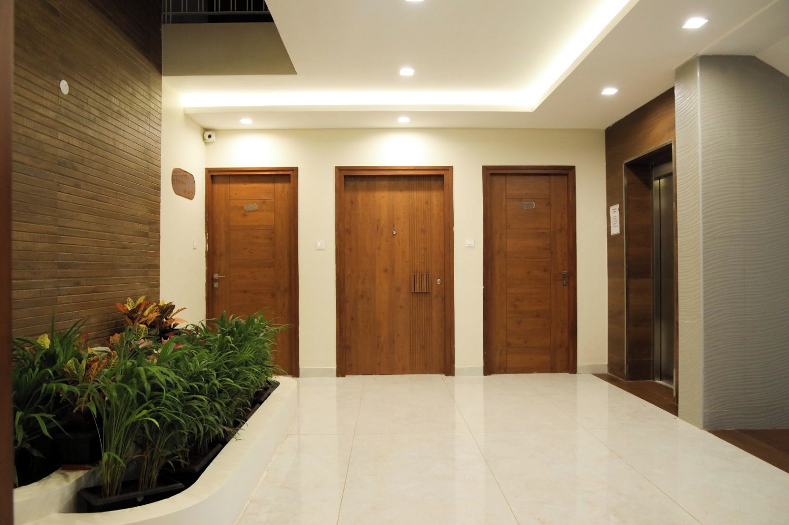 A modern hallway with three wooden doors, a tiled floor, and a planter with plants.