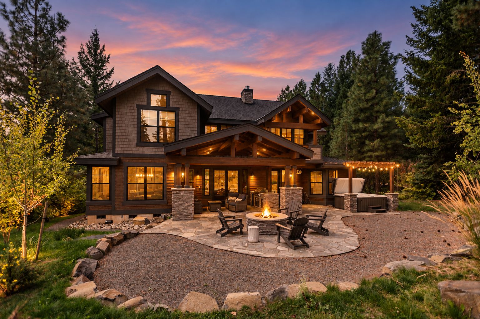 A two-story house with a stone fireplace, outdoor seating, and a well-lit patio area.