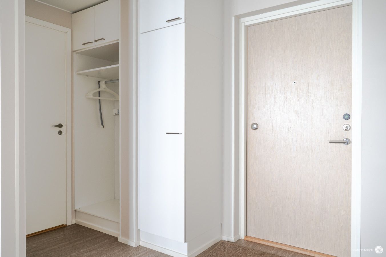 Una habitación con armario, una puerta y suelo cubierto de alfombra.