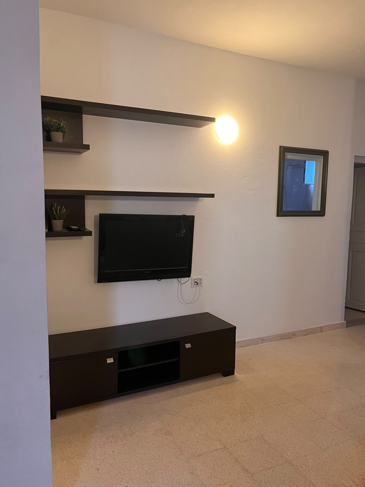 A living room with a flat-screen TV mounted on the wall, a dark entertainment unit below, and a small shelf with plants.