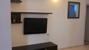 A living room with a flat-screen TV mounted on the wall, a dark entertainment unit below, and a small shelf with plants.