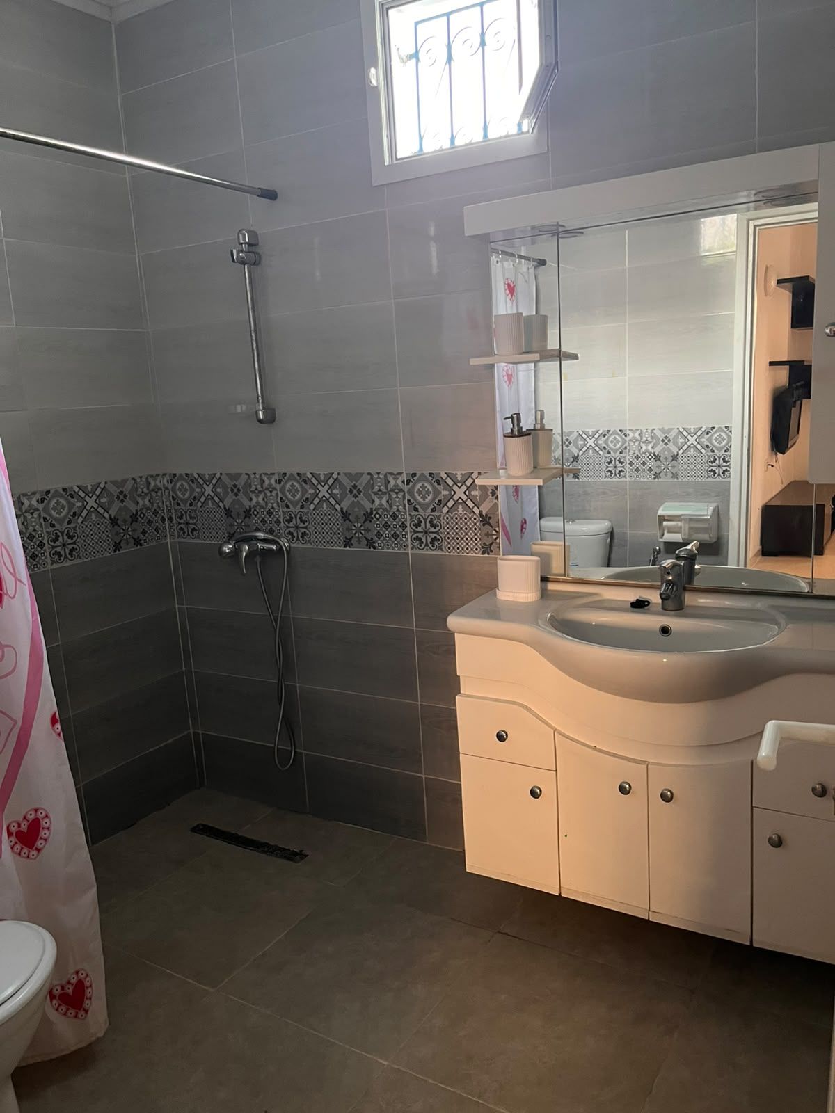 Une salle de bain équipée d’une douche, de toilettes et d’un meuble-lavabo avec un miroir.
