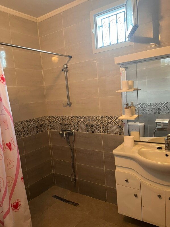 A bathroom with a shower, a sink, a mirror, and a window.
