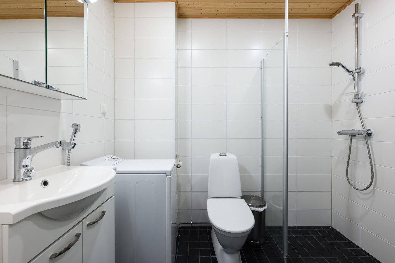 Moderni kylpyhuone, jossa on valkoinen pesuallas, wc ja suihku.