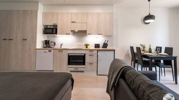 A compact living space with a kitchenette, a dining area, and a bed.