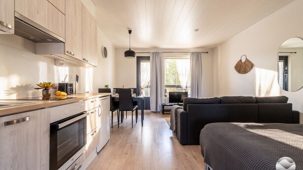 Cozinha moderna com armários de madeira, área de jantar com mesa e cadeiras, e sala de estar com sofá e televisão.