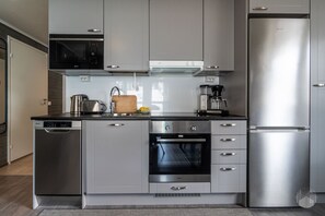 A modern kitchen with stainless steel appliances, including a dishwasher, oven, and refrigerator. - Polar Charm F Holiday in Lapland (Ylläs)