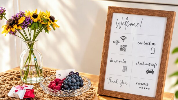 Una mesa de madera con un cartel de bienvenida enmarco, un cuaderno, un bolígrafo, un peluche de abeja, un florero con flores y una cesta de bayas.