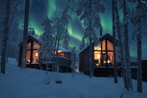 Un chalet doté de grandes fenêtres, entouré d’arbres couverts de neige, sous un ciel nocturne illuminé par des aurores boréales.