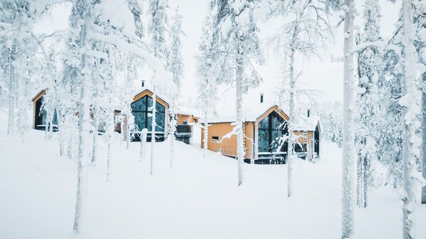 A snow-covered landscape with wooden cabins surrounded by trees.
