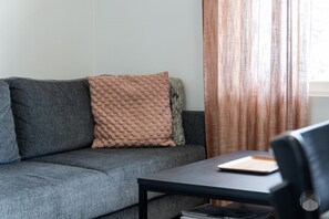 A grey sofa with a textured pillow and a black coffee table with a book and magazines. - Polar Charm C by Holiday in Lapland (Ylläs)