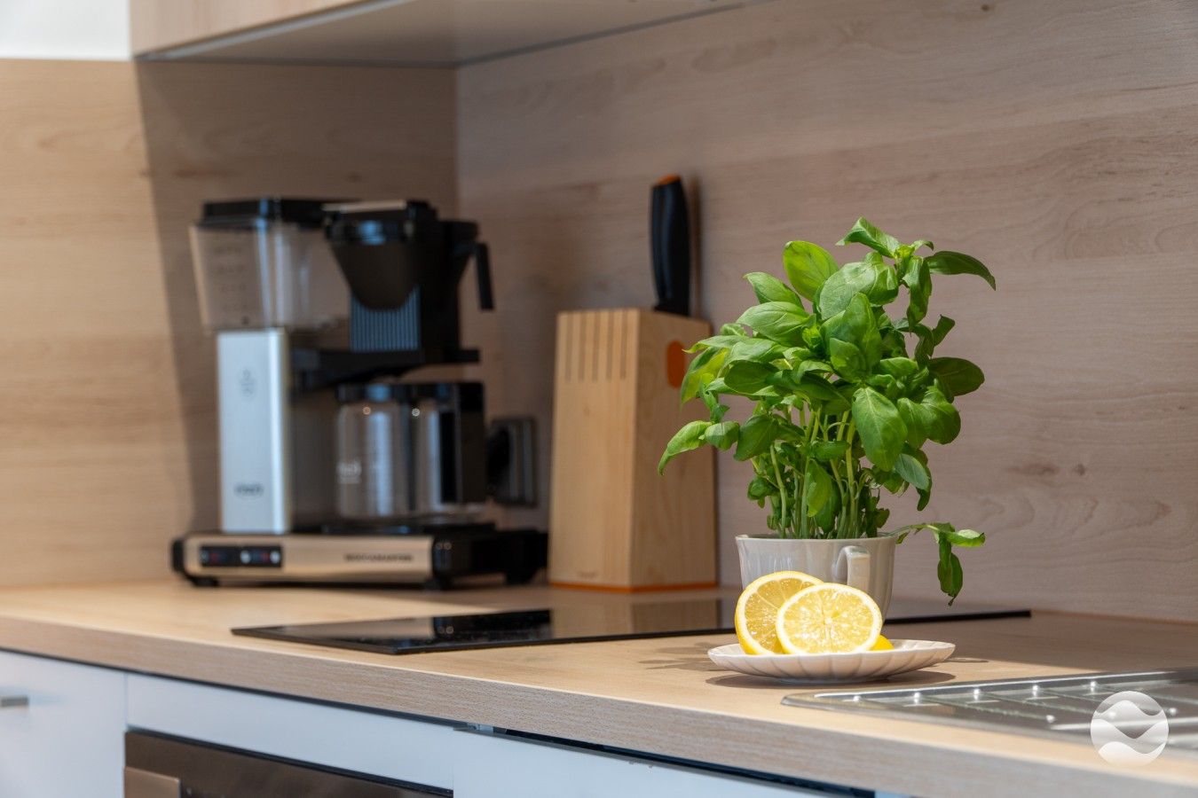 Une cuisine équipée d’une machine à café, d’un bloc à couteaux et d’un pot de basilic, avec des tranches de citron posées sur le comptoir.