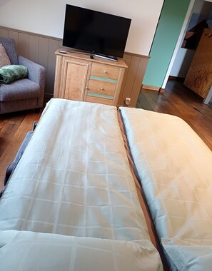 A bedroom with a bed, a television on a wooden cabinet, and a couch. - Vrbo Property (Kinrooi)