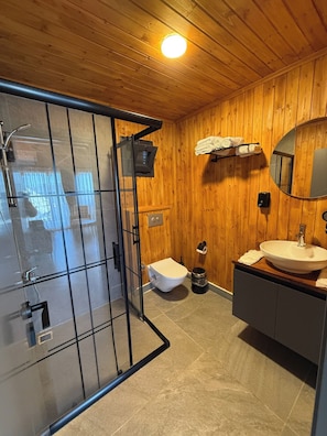 Et moderne badeværelse med brusekabine i glas, toilet, håndvask og spejl.