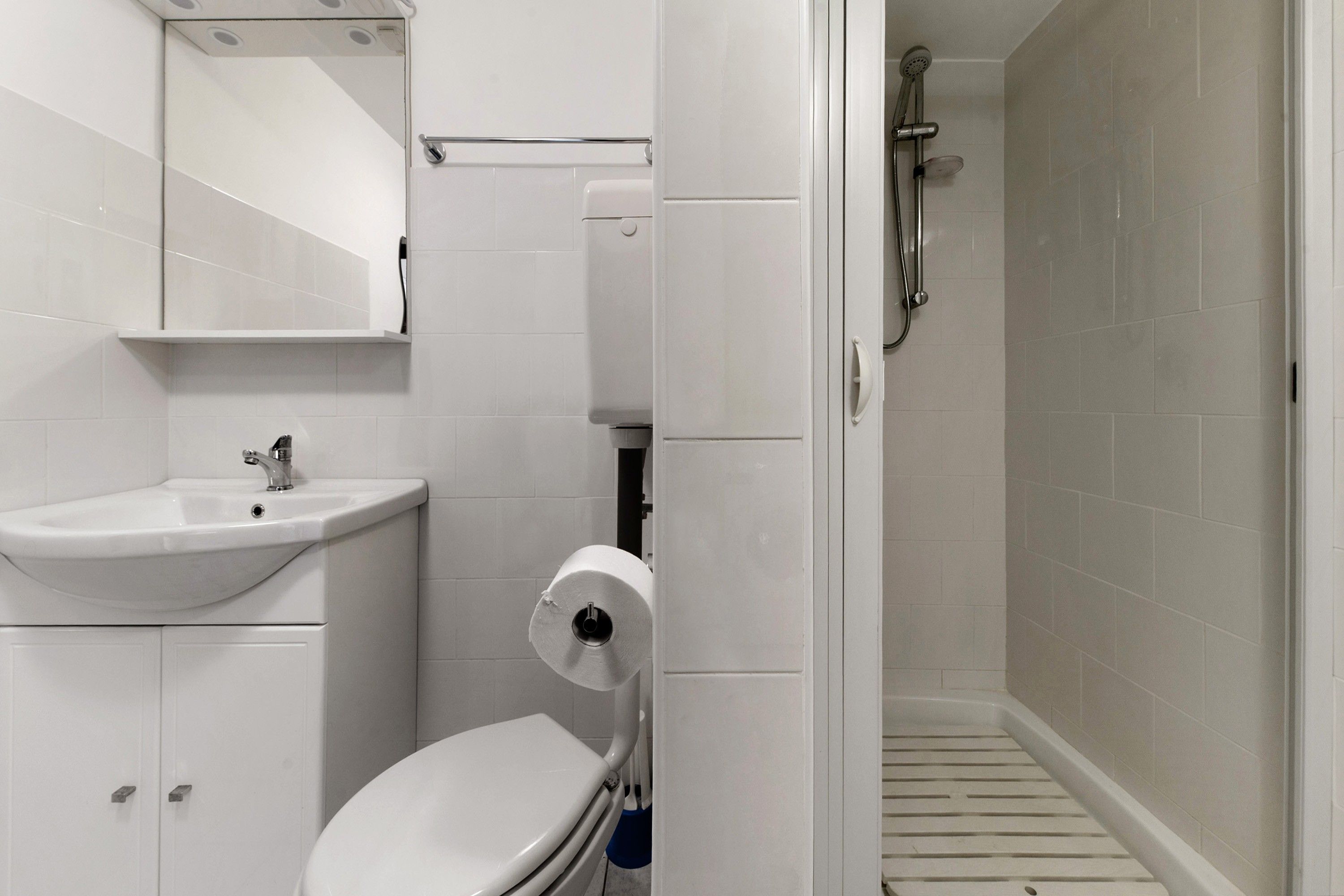 Une salle de bain avec des toilettes, un lavabo et une douche.