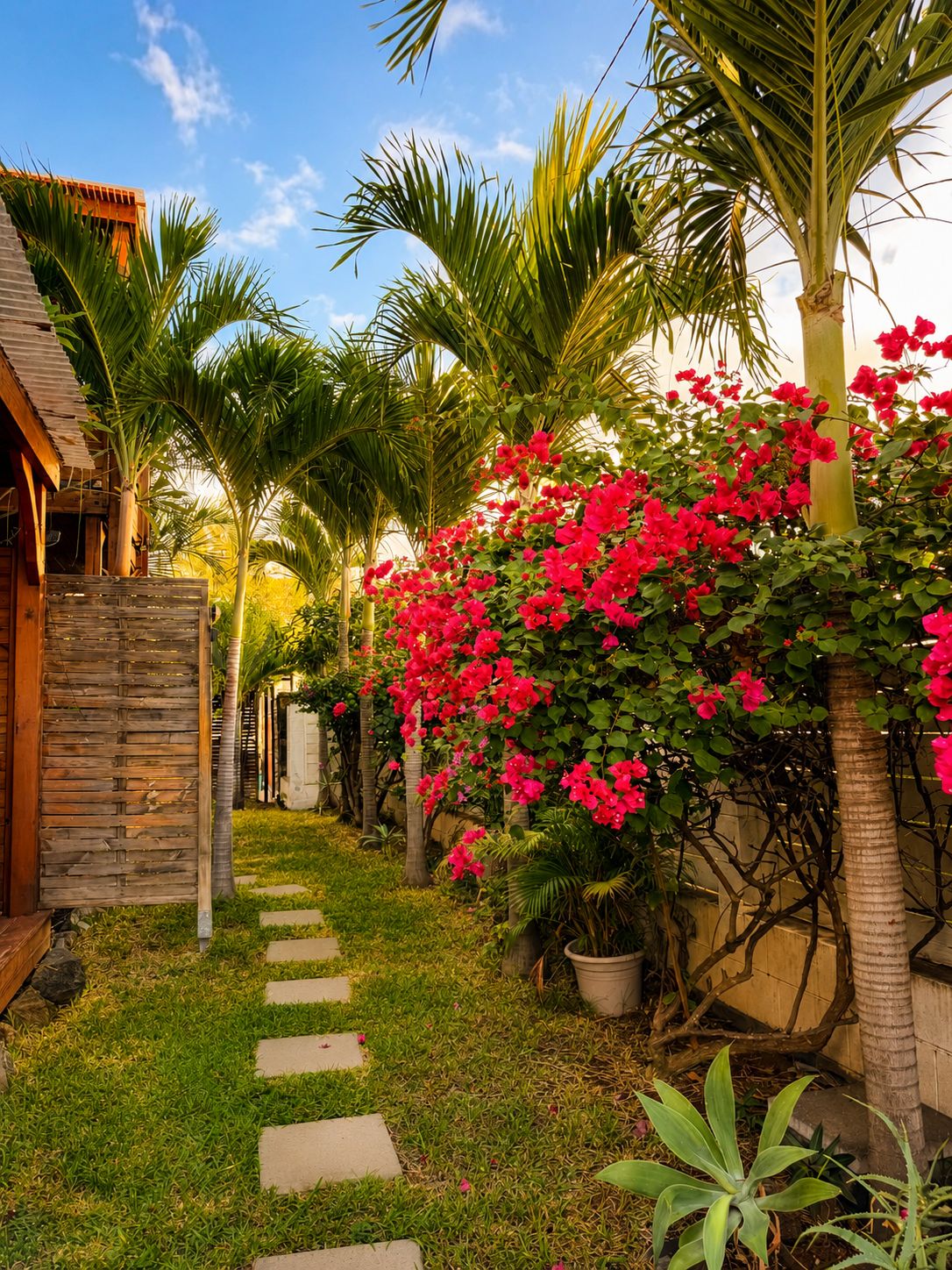 Un sendero conduce a una estructura de madera con techo de paja, rodeada de abundante vegetación y plantas con flores.
