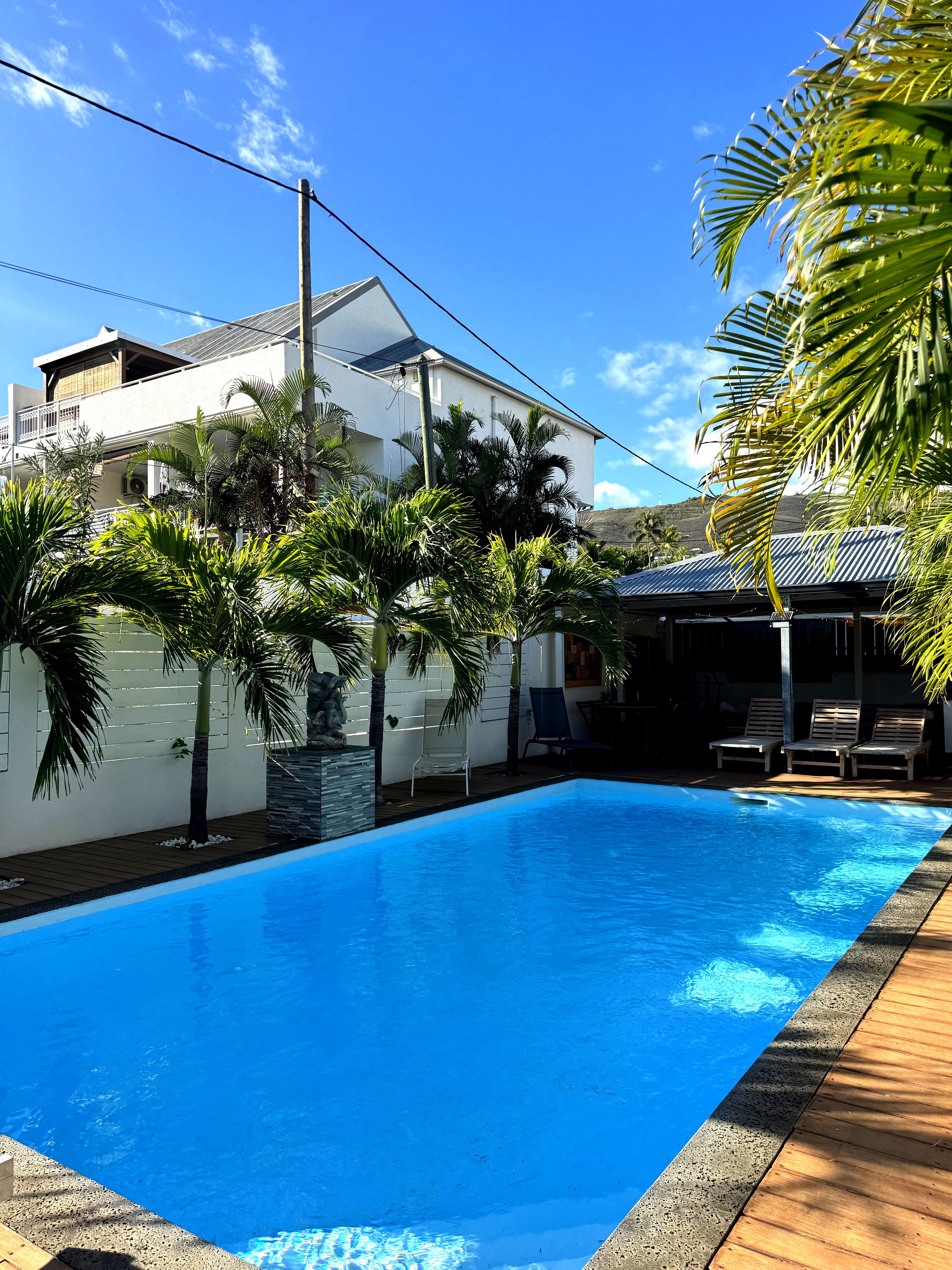 Una piscina con cubierta de madera, rodeada de palmeras y un edificio blanco con techo inclinado.