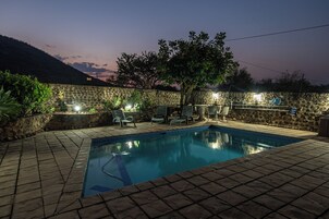 Una piscina con un muro de piedra y un árbol al fondo.