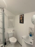 Un baño con cabina de ducha de vidrio, inodoro, toallero, lavamanos con espejo y una obra de arte enmarcada en la pared.