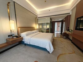 Una habitación de hotel con una cama grande, mesitas de noche, un espejo y un televisor.